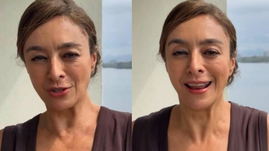 A apresentadora Cátia Fonseca em uma montagem de seu Instagram Stories, com cabelo preso e sorriso, negando lesão para o público na Dança dos Famosos