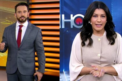 Uma montagem de duas imagens, lado a lado. Na esquerda, Dionisio Freitas no Cidade Alerta, um homem de pele clara com barba, vestindo um terno cinza e gravata vermelha, está em um estúdio de notícias com um fundo laranja. Ele gesticula com a mão direita. Na direita, Daniele Brandi no Tá na Hora, uma mulher negra com cabelos escuros, vestindo uma blusa clara e um colete bege, está em um estúdio de notícias com um fundo azul escuro. Ela tem um sorriso suave e as mãos unidas.