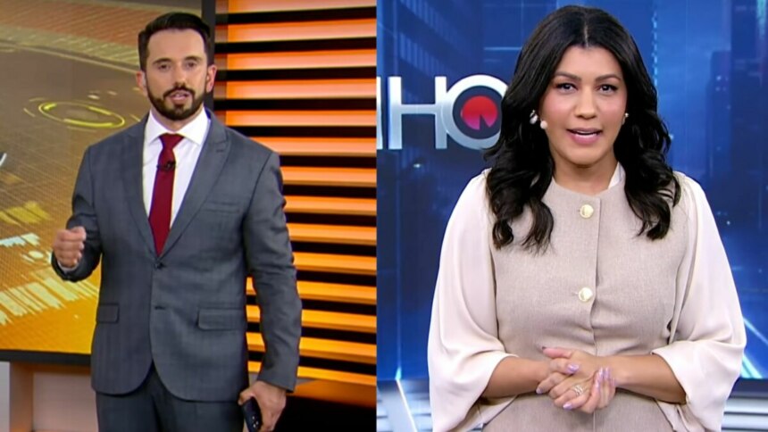 Uma montagem de duas imagens, lado a lado. Na esquerda, Dionisio Freitas no Cidade Alerta, um homem de pele clara com barba, vestindo um terno cinza e gravata vermelha, está em um estúdio de notícias com um fundo laranja. Ele gesticula com a mão direita. Na direita, Daniele Brandi no Tá na Hora, uma mulher negra com cabelos escuros, vestindo uma blusa clara e um colete bege, está em um estúdio de notícias com um fundo azul escuro. Ela tem um sorriso suave e as mãos unidas.