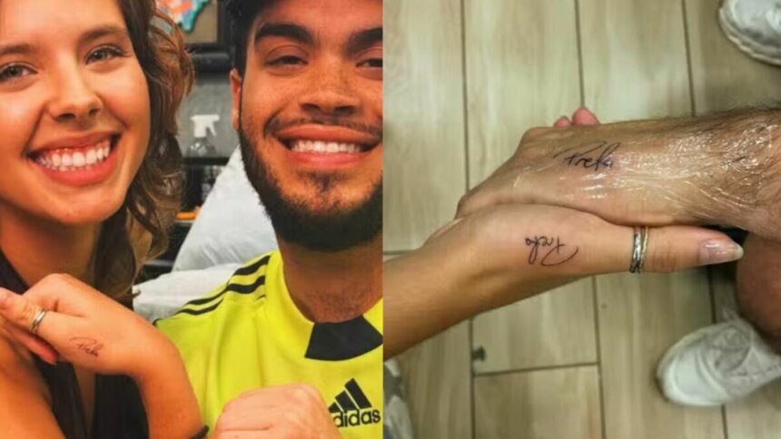 Francisco e Flor Gil mostrando uma tatuagem com o nome de Preta Gil no braço