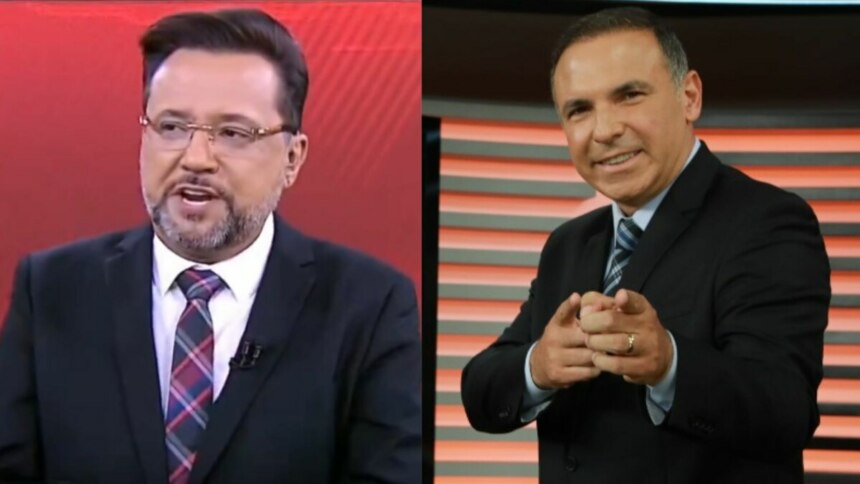 Montagem mostrando dois apresentadores de televisão. À esquerda, Geraldo Luís, de terno e gravata, fala em um estúdio com fundo vermelho no Aqui Agora. À direita, Gottino, de terno, sorri e aponta para a câmera em um estúdio com fundo escuro e detalhes alaranjados no Cidade Alerta.