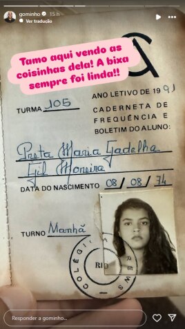 Boletim escolar de Preta Gil, compartilhado por Gominho nos stories do Instagram 