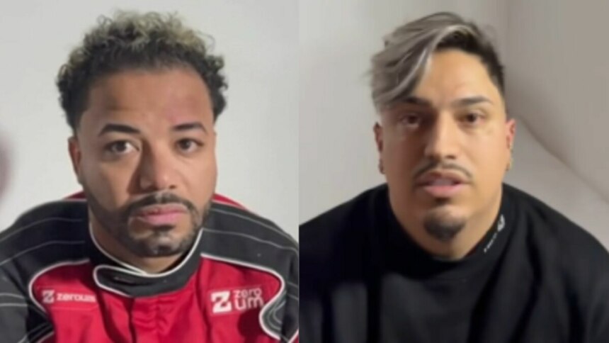 Montagem em tela dividida, com duas imagens de homens em um fundo branco. À esquerda, Hytalo Santos, de cabelo escuro e barba, usa uma jaqueta de corrida preta e vermelha. À direita, Israel Nata Vicente, de cabelo escuro com mecha loira, usa uma blusa preta. Ambos olham para a câmera com expressões sérias.