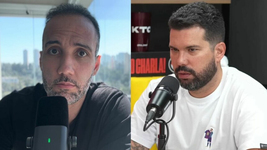 Montagem em tela dividida, mostrando os apresentadores Jorge Iggor e Bruno Formiga. À esquerda, Jorge Iggor, com a cabeça raspada, barba, e camiseta preta, fala em um microfone com o fundo de uma janela. À direita, Bruno Formiga, de barba e camiseta branca, também fala em um microfone em um estúdio com um banner vermelho atrás.