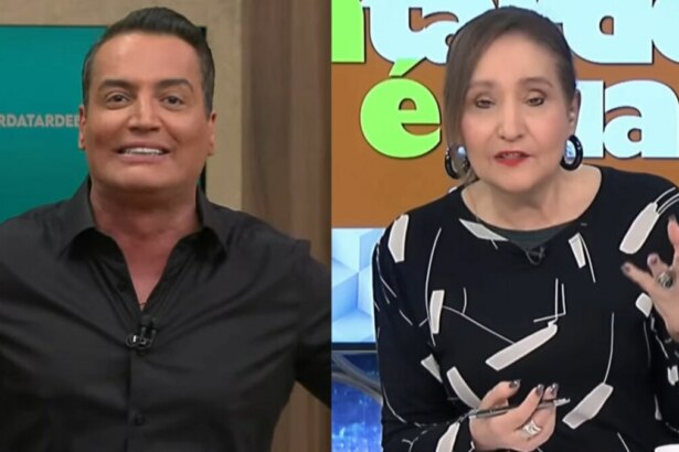 A imagem é uma montagem de duas fotos. Na foto da esquerda, Léo Dias sorri, olhando diretamente para a câmera. Ele veste uma camisa social preta e está em frente a um painel que repete a frase "MELHOR DA TARDE". Na foto da direita, a apresentadora Sônia Abrão segura uma caneta e gesticula com a mão, com uma expressão séria. Ela usa um vestido preto e branco com estampa abstrata e brincos grandes no cenário do A Tarde é Sua.