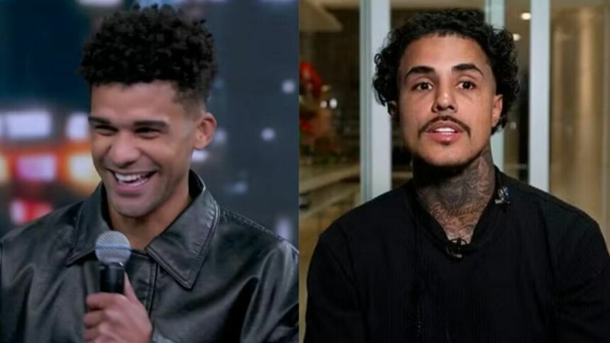 Montagem em tela dividida, mostrando os artistas Lucas Leto e MC Livinho. À esquerda, Lucas Leto, sorrindo e segurando um microfone, veste uma jaqueta de couro preta. À direita, MC Livinho, com tatuagens no pescoço e um olhar sério, veste uma blusa preta, no palco da Dança dos Famosos.