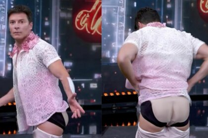 Luciano Huck abaixando a calça e mostrando a cueca de enchimento no Domingão