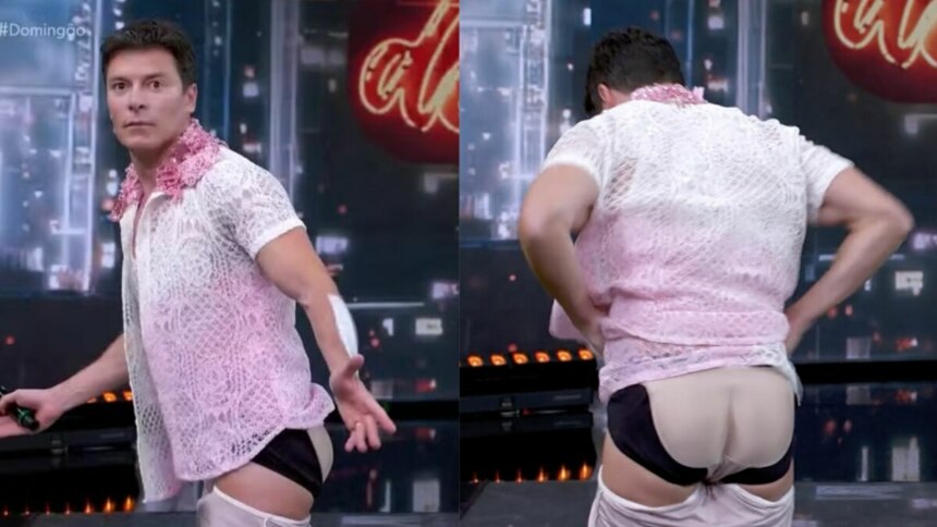 Luciano Huck abaixando a calça e mostrando a cueca de enchimento no Domingão