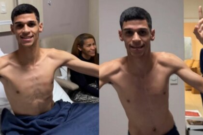 Montagem em tela dividida, com duas imagens do influenciador Luva de Pedreiro. Na esquerda, ele está sentado em uma cama de hospital, sem camisa, com uma manta azul cobrindo as pernas. Na direita, ele está de pé, sem camisa, com o braço levantado e o dedo indicador apontando para cima. Ele parece feliz em ambas as imagens.