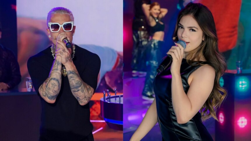 Montagem em tela dividida, com o cantor MC Daniel, de óculos escuros e roupa preta, à esquerda, e a cantora Melody, com vestido preto de couro e cabelo solto, à direita. Ambos seguram microfones e cantam em um palco iluminado no Programa Silvio Santos