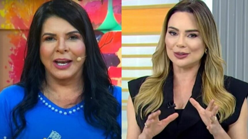 Montagem com duas fotos lado a lado. Na imagem da esquerda, a apresentadora Mara Maravilha, com cabelo preto liso, está sorrindo levemente e usando uma blusa azul com detalhes brancos. Na imagem da direita, a jornalista Rachel Sheherazade, com cabelo loiro ondulado, está gesticulando com as mãos e usando uma blusa preta sem mangas. O fundo de cada imagem é diferente.