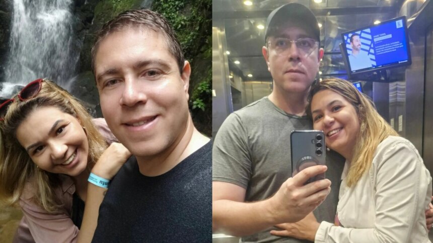 Marcus Marinha em duas fotos abraçados ao lado da noiva