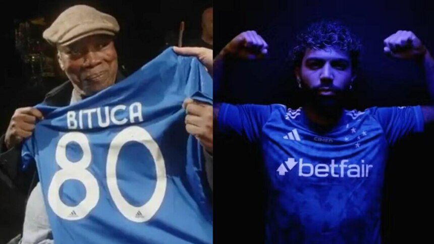 Montagem de duas imagens: à esquerda, o cantor Milton Nascimento, sorrindo e usando um chapéu, segura uma camisa de futebol azul com o nome "BITUCA" e o número "80" nas costas. À direita, o jogador Gabigol, com cabelos cacheados e barba, veste uma camisa de futebol azul do cruzeiro, e flexiona os braços mostrando os músculos, sob uma iluminação azul.