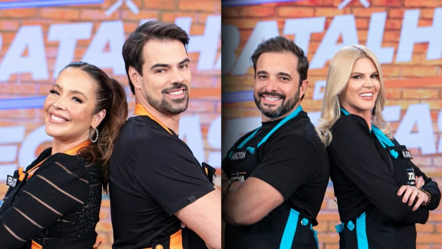 Montagem de duas fotos lado a lado. Na foto da esquerda, a atriz Renata Dominguez e o empresário Leandro Gléria, ambos sorrindo, posam de costas um para o outro, usando aventais pretos. Na foto da direita, Val Marchiori e Amilton Augusto, também sorrindo, posam da mesma forma, usando aventais pretos com detalhes em azul. Ao fundo, o cenário do programa "Batalha das Receitas" é visível