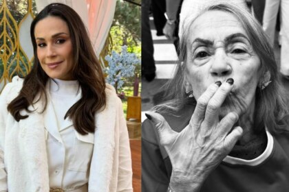 Nadja Haddad em montagem com uma foto de sua mãe em preto e branco