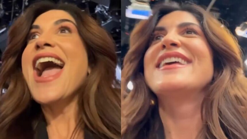 Montagem em tela dividida, com duas imagens da apresentadora Pâmela Lucciola. Ela tem o cabelo comprido e castanho, usa uma jaqueta escura e está olhando para cima com a boca aberta, em uma expressão de surpresa ou riso.