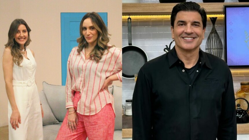 Montagem em tela dividida, mostrando três apresentadores. À esquerda, as apresentadoras Paola Pretto e Taisa Pelosi, em pé em um estúdio com uma porta azul. A da esquerda usa um conjunto branco e a da direita, blusa listrada rosa e branca e calça rosa. À direita, o apresentador Edu Guedes, de camisa preta, sorri em um cenário de cozinha.
