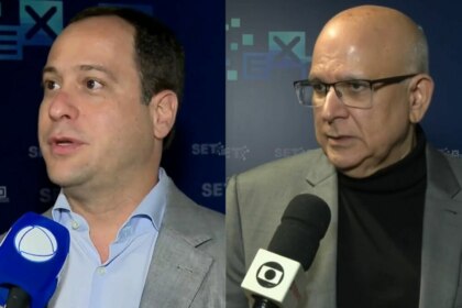 Paulo Marinho em trecho de entrevista ao Jornal da Record, em montagem com Marcus Vinicius Vieira, na entrevista ao Jornal Nacional