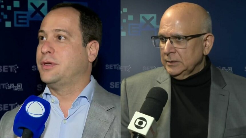 Paulo Marinho em trecho de entrevista ao Jornal da Record, em montagem com Marcus Vinicius Vieira, na entrevista ao Jornal Nacional