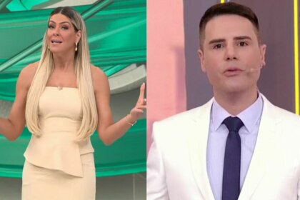 Montagem de Renata Fan no programa Jogo Aberto, vestindo um top e saia creme e gesticulando com as mãos, e Luiz Bacci no programa Alô Você, vestindo um terno branco com gravata azul.