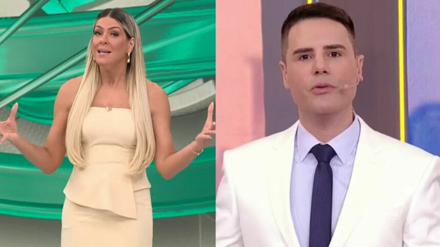 Montagem de Renata Fan no programa Jogo Aberto, vestindo um top e saia creme e gesticulando com as mãos, e Luiz Bacci no programa Alô Você, vestindo um terno branco com gravata azul.