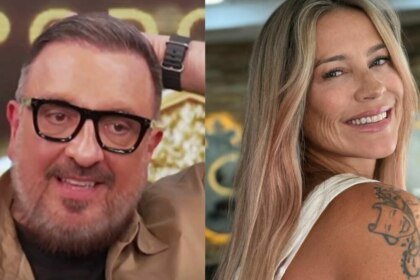 Montagem em close-up de Rodrigo Carelli, com óculos e barba, e Luana Piovani sorrindo, mostrando seu cabelo loiro e tatuagem no ombro.