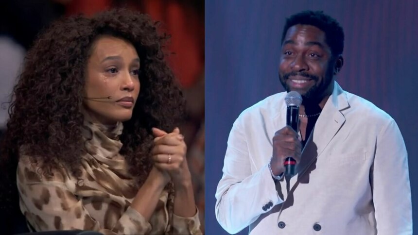 Montagem de duas imagens: à esquerda, Taís Araújo, com cabelos cacheados e um vestido estampado, aparece com lágrimas nos olhos e as mãos juntas, em uma expressão de emoção. À direita, Lázaro Ramos, de blazer claro e camiseta branca, sorri e segura um microfone, em um palco iluminado no Domingão