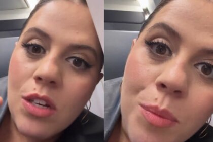 Tati Machado em montagem com trechos de stories gravado dentro do avião