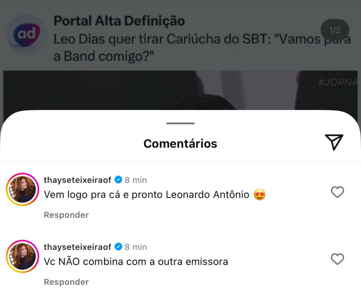 Print de comentário de Thayse Teixeira em publicação pedindo a volta de Leo Dias e prococando a Band 