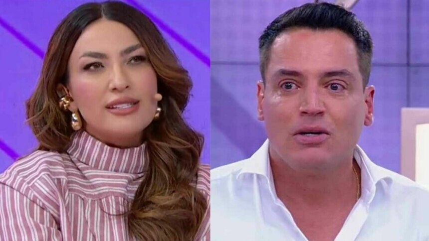 Montagem em tela dividida, com as imagens de Thayse Teixeira e Leo Dias. Thayse, de cabelo castanho comprido, usa uma blusa listrada e brincos dourados. Leo, de camisa branca, tem uma expressão de surpresa.