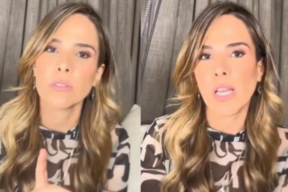A imagem é uma montagem de duas fotos. Na foto da esquerda, Wanessa Camargo está olhando para a câmera com uma expressão séria, com o dedo indicador esquerdo levantado. Ela tem os cabelos loiros com mechas escuras, e usa uma blusa com estampa de leopardo. Na foto da direita, ela tem a boca aberta, como se estivesse falando. Em ambas as fotos, o fundo é uma cortina escura.