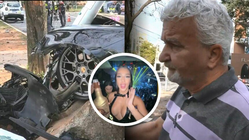 Cena do acidente envolvendo Bia Miranda e Gato Preto, mostrando um Porsche preto destruído após colidir com uma árvore, com policiais e socorristas ao fundo; ao lado, o motorista do outro veículo dá entrevista, enquanto uma imagem sobreposta mostra Bia Miranda em uma boate, sugerindo os momentos anteriores à colisão