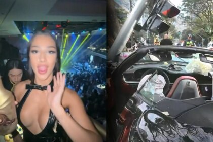 Montagem com dois momentos: à esquerda, Bia Miranda segura uma garrafa em festa com luzes vibrantes e multidão; à direita, o Porsche destruído após acidente em São Paulo, com airbags acionados e presença de socorristas