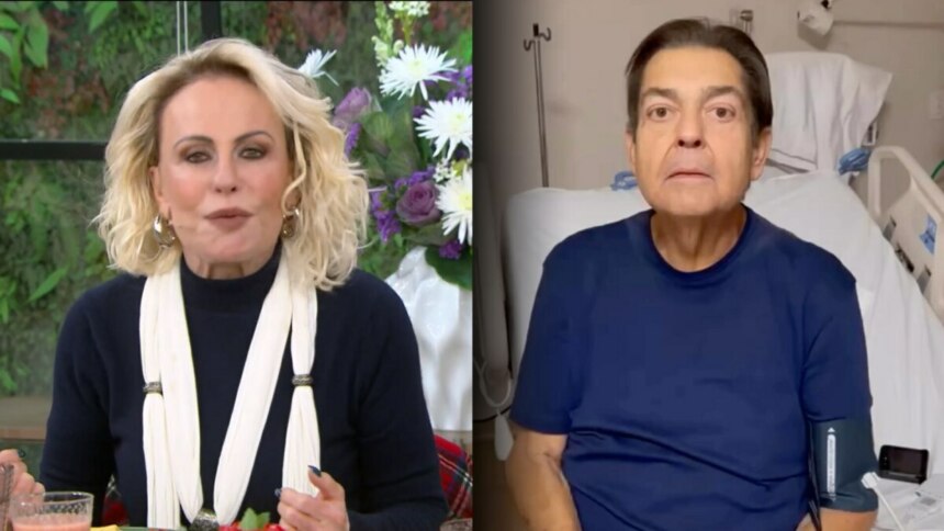 A esquerda, Ana Maria Braga aparece sentada no estúdio do Mais Você decorado com flores e folhagens, usando blusa preta e cachecol branco, transmitindo serenidade; à direita, Fausto Silva está em um leito hospitalar, vestindo camiseta azul escura e com equipamento médico no braço, em ambiente clínico com cama ajustável e monitores ao fundo