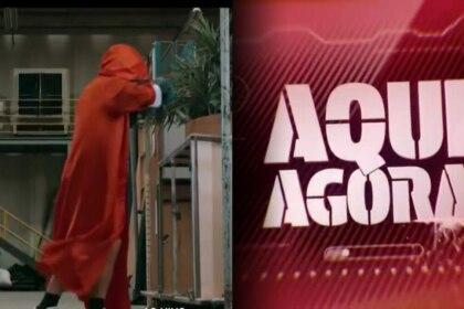 Homem lutando boxe com uma capa vermelha e o logo do Aqui Agora ao lado