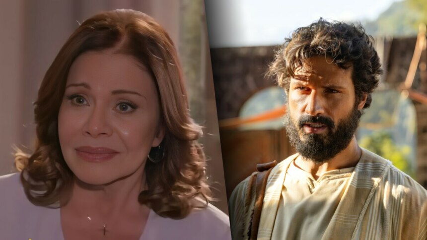 À esquerda, Ofélia com visual moderno representa ‘As Filhas da Senhora Garcia’, do SBT; à direita, Paulo com trajes bíblicos representa ‘Paulo, O Apóstolo’, da RECORD