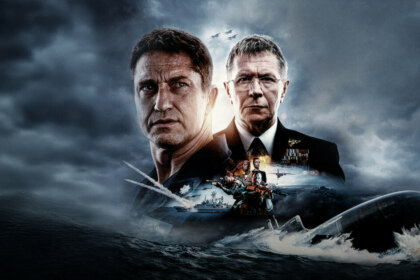 Pôster do filme Fúria em Alto-Mar mostra oficiais militares condecorados diante de um mar tempestuoso, com submarino emergindo, navio de guerra, caças e soldados em ação, destacando suspense e ação naval