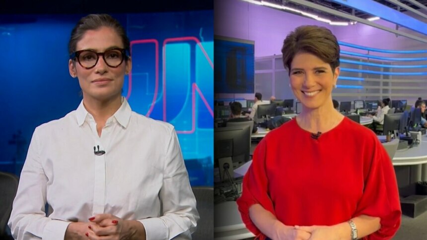 Apresentadora do Jornal Nacional, usando camisa branca com microfone preso, diante de um fundo azul com o logotipo “JN do Jornal Nacional; segunda imagem, apresentadora do Jornal da Record, Mariana Godoy, vestindo camisa vermelha com microfone preso, em cenário de redação de TV movimentada