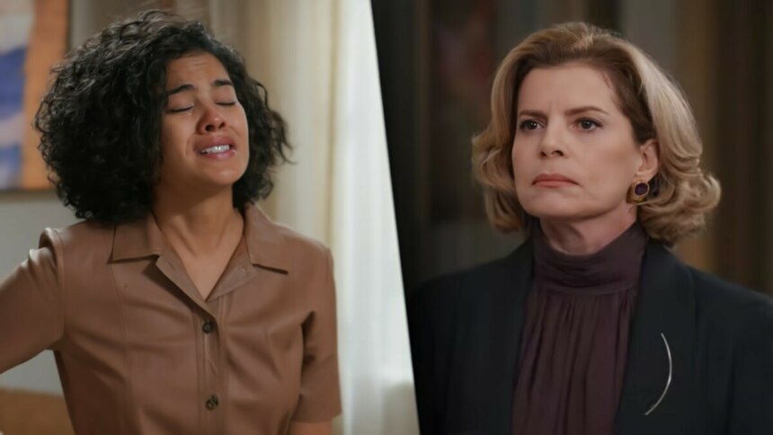 Duas personagens da novela Vale Tudo em momento tenso: à esquerda, Maria de Fátima (Bella Campos) aparece emocionada e em conflito, vestindo camisa marrom; à direita, Odete (Debora Bloch) exibe expressão séria e firme, trajando blazer escuro. A cena retrata o confronto entre as duas, culminando no tapa que Odete dá em Fátima