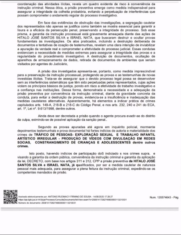 Ordem judicial de prisão. O documento apresenta texto em português, com vários parágrafos que detalham a investigação e a decisão judicial. No texto, são mencionados os nomes Hytalo Santos Silva e Israel Nata. A parte inferior contém um código de barras e um selo de validação eletrônica

