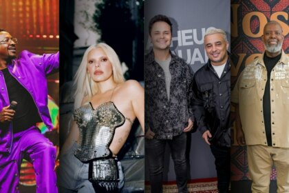 Cinco artistas posam em diferentes ambientes: mumuzinho em traje roxo vibrante durante uma apresentação; duda beat com look metálico e ousado; matheus & kauan em frente a painel promocional, com jaquetas estampadas; e péricles em roupa bege diante de fundo decorado. Todos são técnicos da nova temporada do the voice brasil no sbt