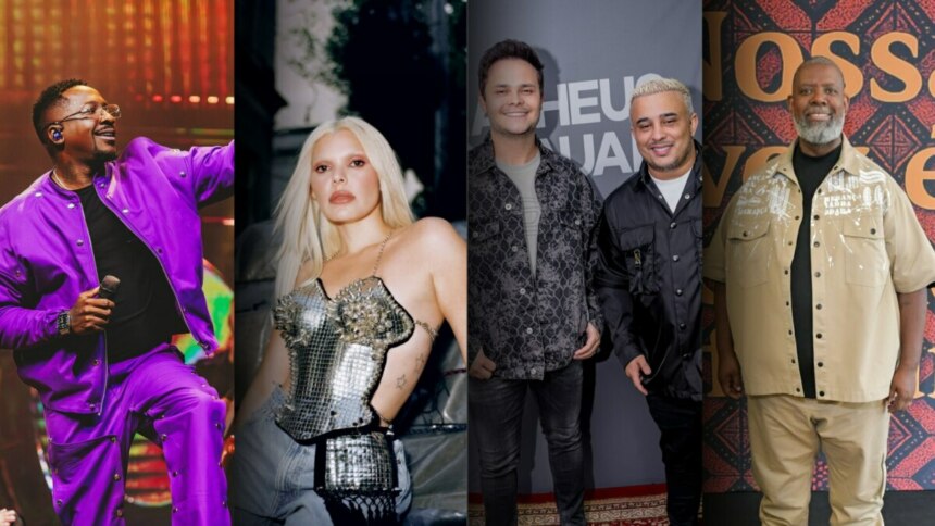 Cinco artistas posam em diferentes ambientes: Mumuzinho em traje roxo vibrante durante uma apresentação; Duda Beat com look metálico e ousado; Matheus & Kauan em frente a painel promocional, com jaquetas estampadas; e Péricles em roupa bege diante de fundo decorado. Todos são técnicos da nova temporada do The Voice Brasil no SBT