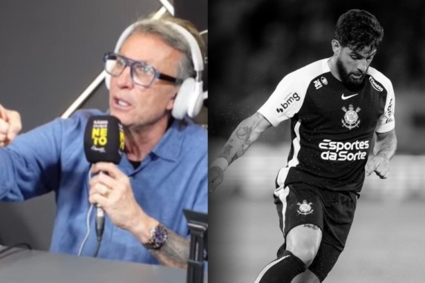 Montagem do comentarista Craque Neto gesticulando e apontando em um estúdio. Ao lado, o jogador Yuri Alberto, de uniforme do Corinthians, corre em uma foto em preto e branco.