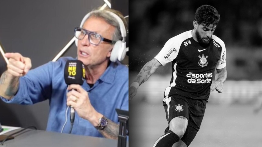 Montagem do comentarista Craque Neto gesticulando e apontando em um estúdio. Ao lado, o jogador Yuri Alberto, de uniforme do Corinthians, corre em uma foto em preto e branco.