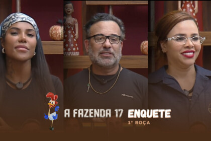Carol Lekker, Fabiano e Gabily no canto da sala pedindo votos para ficarem na 1ª Roça de A Fazenda 17
