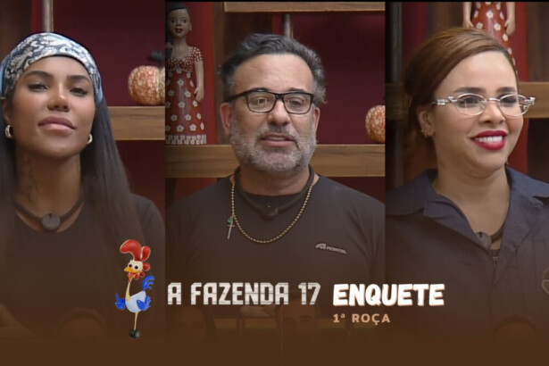 Carol Lekker, Fabiano e Gabily no canto da sala pedindo votos para ficarem na 1ª Roça de A Fazenda 17
