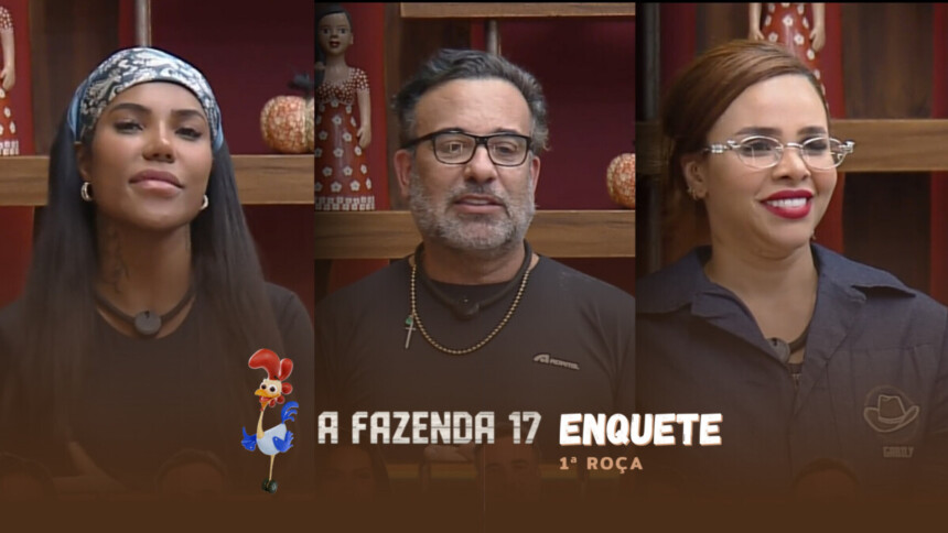 Carol Lekker, Fabiano e Gabily no canto da sala pedindo votos para ficarem na 1ª Roça de A Fazenda 17