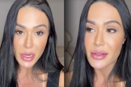 Montagem com a musa fitness Gracyanne Barbosa, de cabelos longos e escuros, falando seriamente para a câmera em um vídeo. Ela usa uma regata preta.
