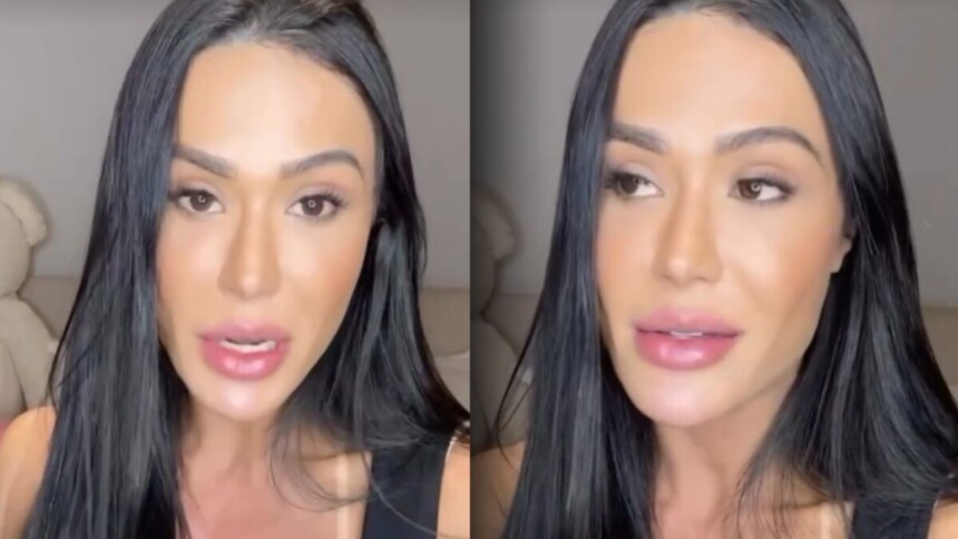 Montagem com a musa fitness Gracyanne Barbosa, de cabelos longos e escuros, falando seriamente para a câmera em um vídeo. Ela usa uma regata preta.