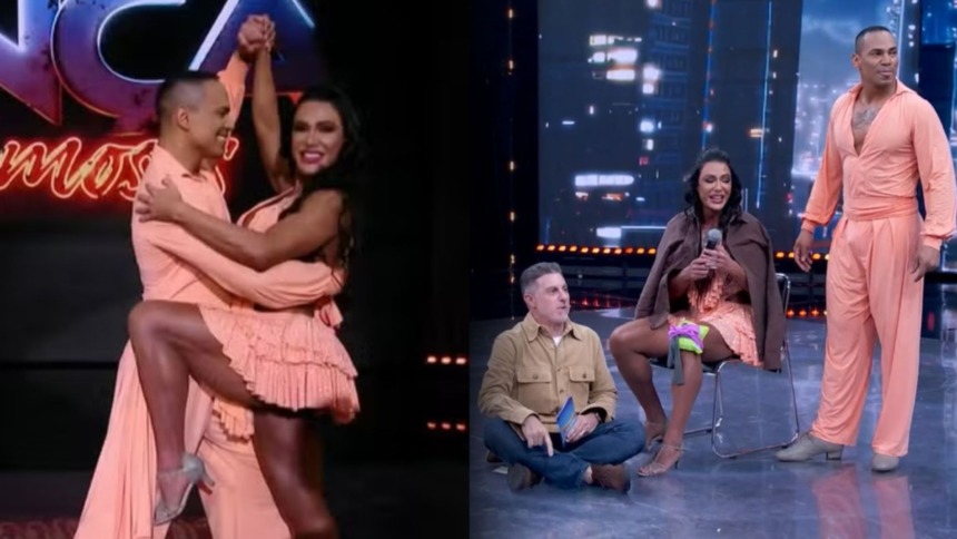 Montagem de Gracyanne Barbosa no Dança dos Famosos: primeiro, ela dança em roupa salmão; depois, está sentada com uma joelheira verde no joelho direito.
